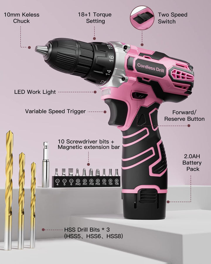Akkuschrauber 12V Pink Rosa, Akkubohrer Klein, Akku Bohrschrauber Set mit 15 Zubehör und Tasche, 18+