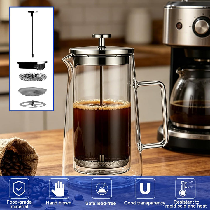 French Press 1 Liter Kaffeepresse, Kaffeebereiter Doppelwand Glas Kaffeepresse mit Edelstahl-Filter,