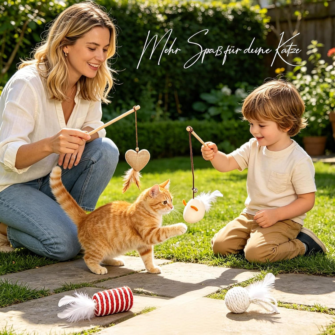 Katzenspielzeug Set 9-teilig | Katzenangel, Sisal Leinen, mit Bällen