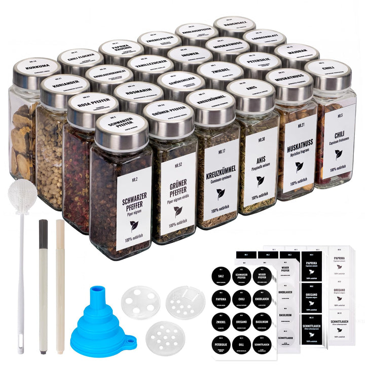 Gewürzgläser eckig 24er Set, 120ml Gewürzstreuer mit Edelstahl Drehdeckel, Gewürzbehälter gewürz org