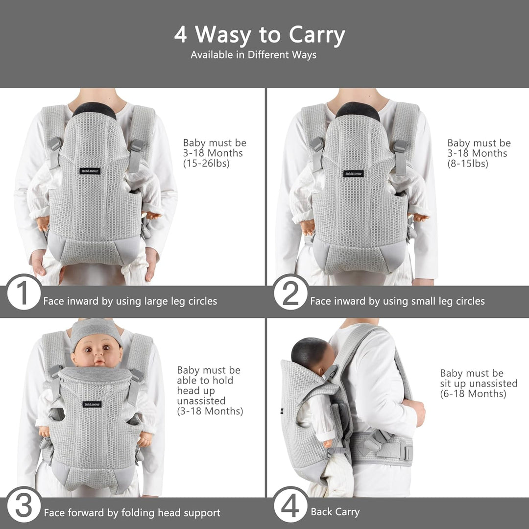 Bebamour Babytrage Vorder und Rückentrage mit 2 Schulterlätzchen,Light Grey, Light Grey