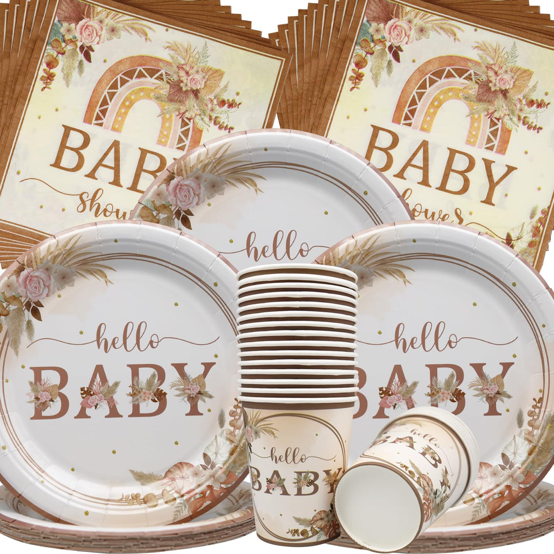 Doyomtoy Boho Baby Shower Partygeschirr,60Stück Baby Shower Papiergeschirr Set - Pappteller Papiertü