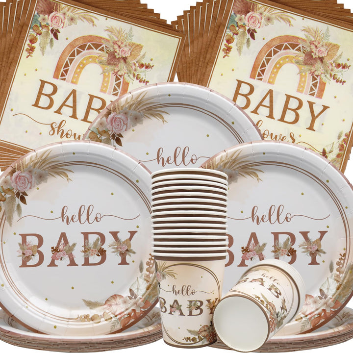 Doyomtoy Boho Baby Shower Partygeschirr,60Stück Baby Shower Papiergeschirr Set - Pappteller Papiertü