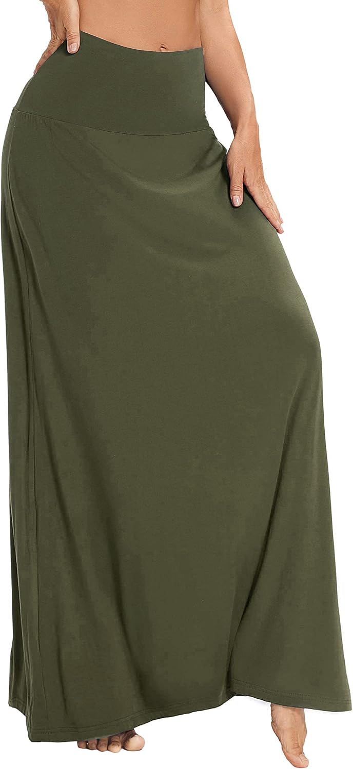 Damen Sommer Hohe Taille Boho Yoga Maxi Rock Elastisch Pull On Lang Röcke M Armeegrün, M Armeegrün