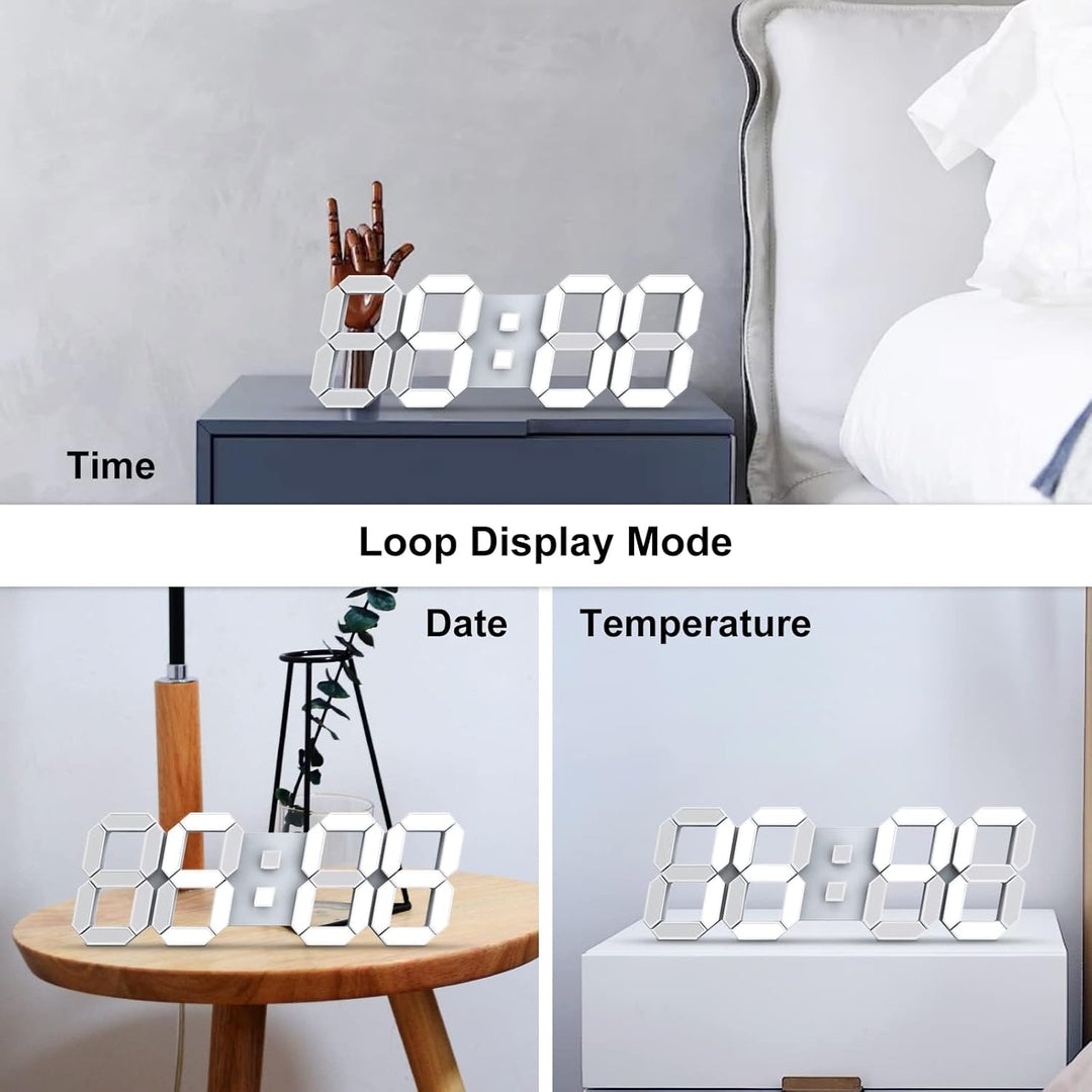 Deeyaple LED Wanduhr Digital Gross Wecker 3D Uhr Dimmbar Snooze USB 12/24Stunden Datum Temperaturanz