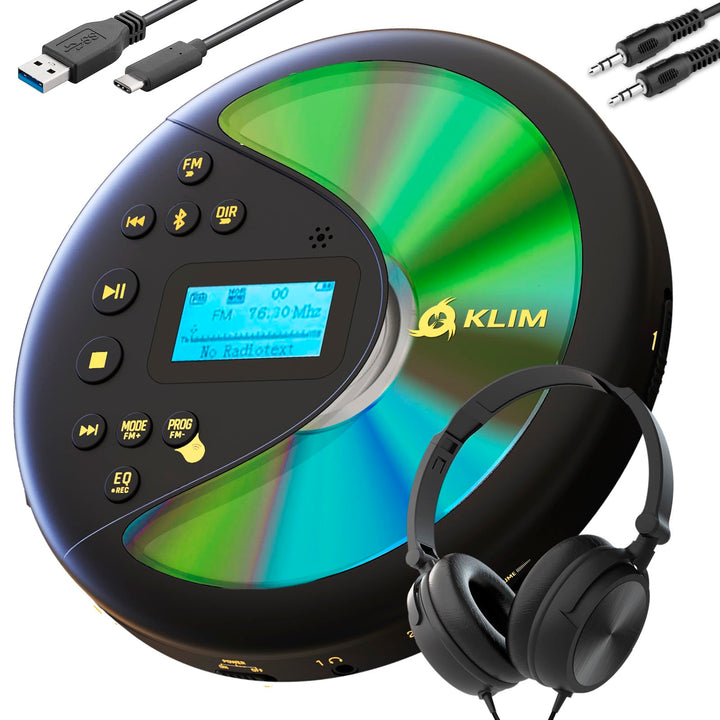 KLIM Discover Mit Kopfhörern - Tragbarer CD-Player mit langlebigem Akku - Kompatibler MP3-CD-Player