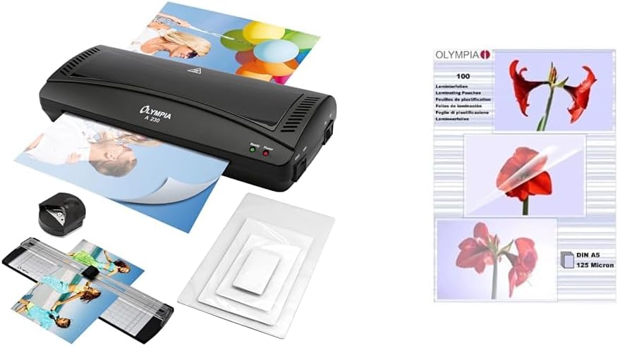 Olympia 4 in 1 Set A 230 Laminierset für A4, schwarz & Olympia 9176 Laminierfolien, 100 Stück Bundle