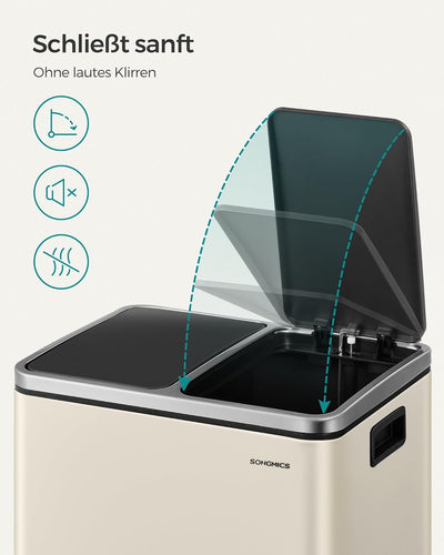 SONGMICS Küchenmülleimer, 2 x 15 l, Doppeleimer für Recycling und Abfall, Treteimer mit zwei Fächern