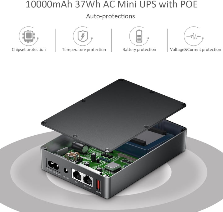 Mini UPS mit Gigabit POE für Router, Modem, Überwachungskamera, Eingang AC Ausgang 5V USB 12V DC und