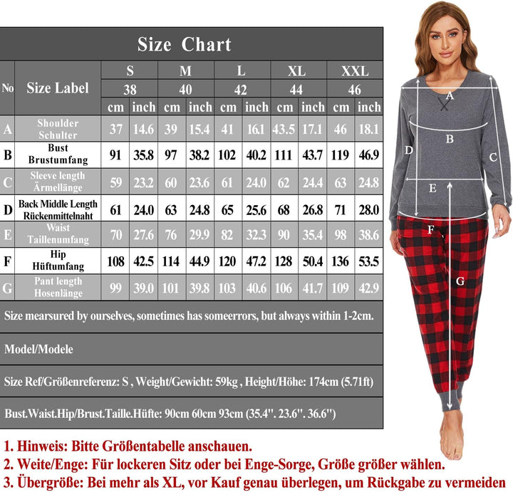 Mnemo Schlafanzug Damen 100% Baumwolle Bequemer Pyjama Damen Baumwolle mit Karomuster XL Rotes und S