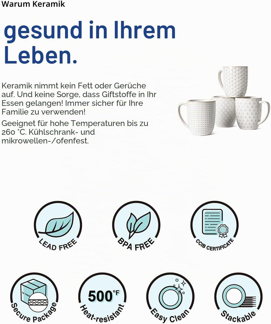 LE TAUCI Kaffeetassen Set, 473 ml, Keramiktassen Kaffeebecher, Prägetassen Grosse Tassen für Latte,