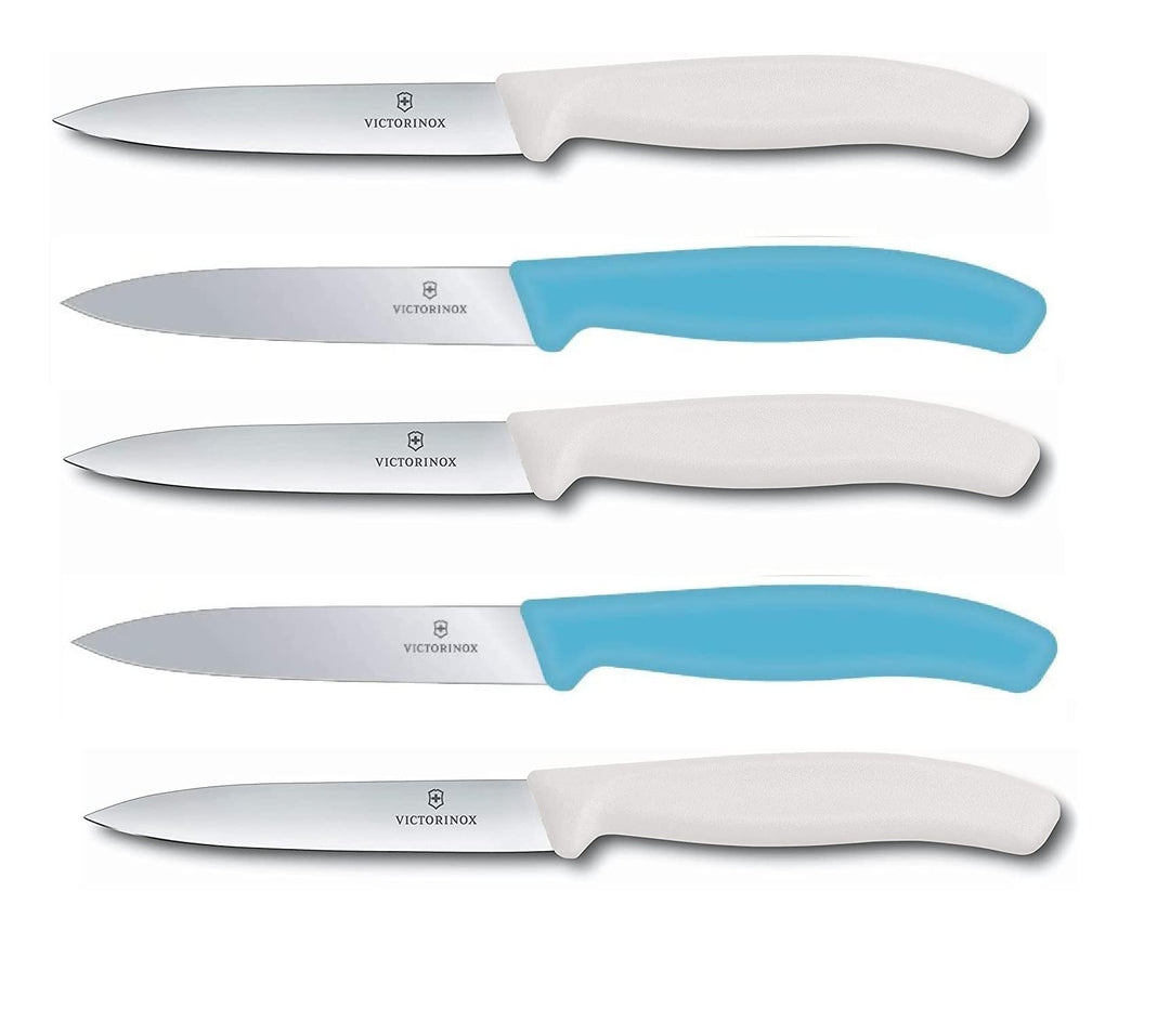 Victorinox 5-tlg Gemüsemesser Set Swiss Classic Karibikblau/Weiss – 10 cm ohne Wellenschliff – Tomat