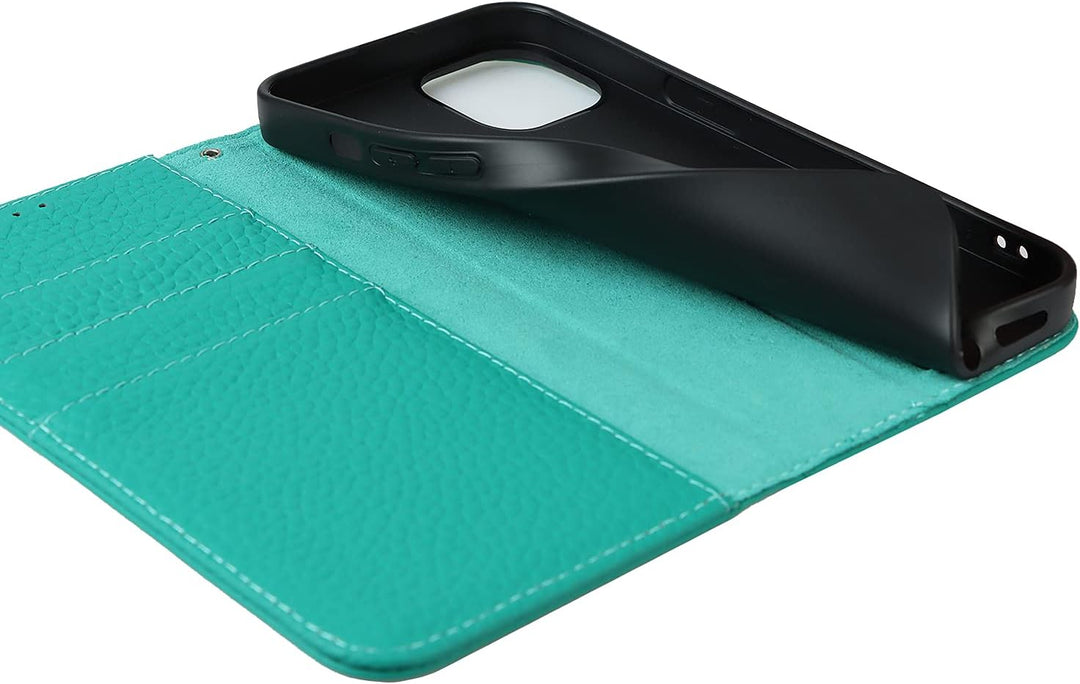 SailorTech Brieftasche Hülle für iPhone 13, Luxus Litschi Genarbtes Echtleder Hülle mit Handschlaufe