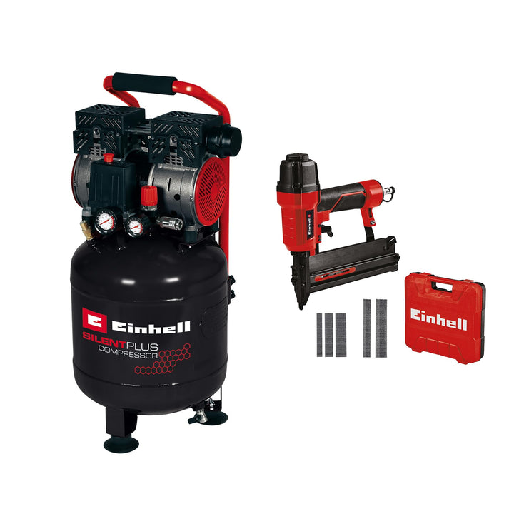 Einhell 4020610 TE-AC 24 Silent Kompressor + 4137790 TC-PN 50 Druckluft-Tacker (Pneumatic), rot, sch