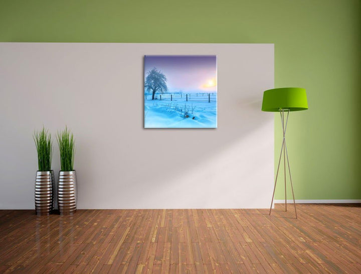 Baum in Winterlandschaft, Format: 70x70 auf Leinwand, XXL riesige Bilder fertig gerahmt mit Keilrahm