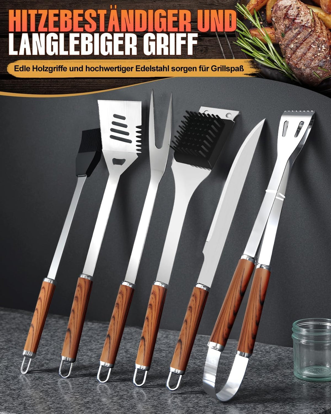 Grillbesteck Set, 6-teilig Edelstahl Grill Zubehör mit Tragetasche, Umfassendes Grillbesteck für das