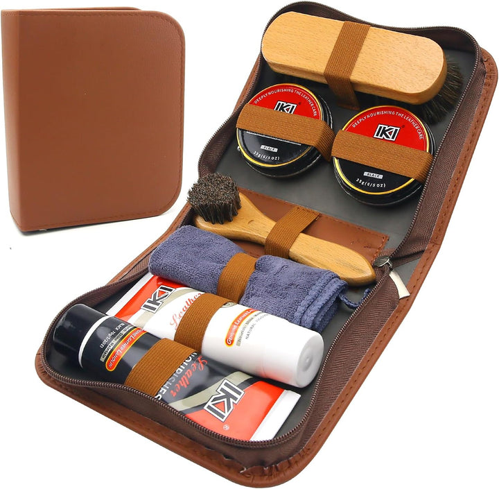 IKI Premium Lederschuhpflegeset - farbloses & schwarzes Lanolin, Schuhwachs, 2 Rosshaarbürsten, Flan