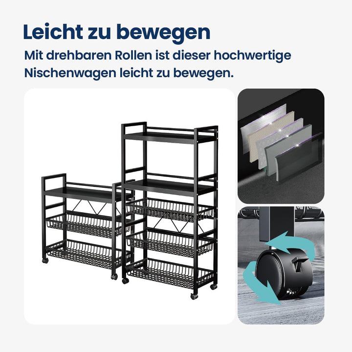 Rollwagen Metall mit 3 Ebene, Multifunktionaler Servierwagen mit Plattform und Körben auf Rollen, Kü