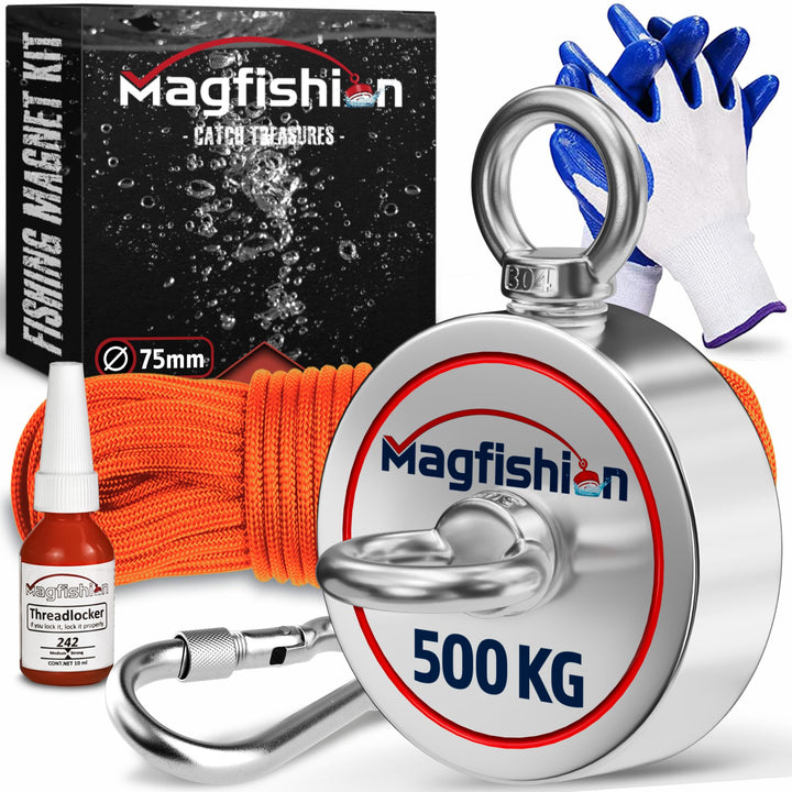Magnetfischen Set - 500 KG (2 x 250kg) - Ø75mm - Neodym Magnet mit Seil (20M) & Handschuhe - Magnet