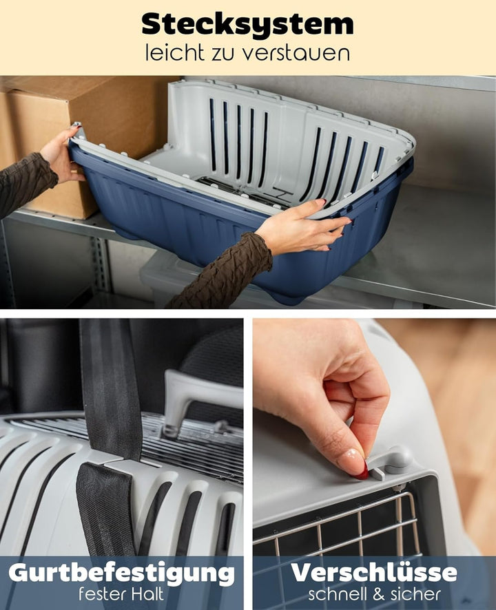 lionto Hundetransportbox aus Kunststoff mit Metallgitter, 58,5x35,5x40 cm, Transportbox mit praktisc