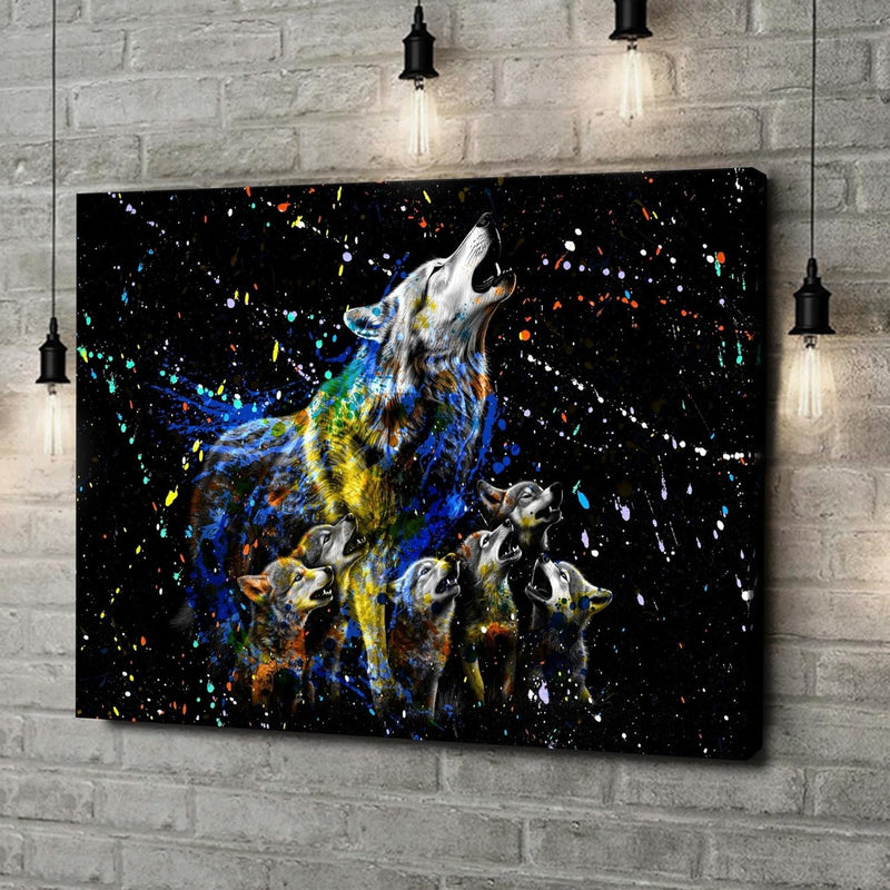 Artmazing | Wolf bunt | Bild Wolfsfamilie auf Leinwand | Wolfsbilder Modern | Bilder Wohnzimmer gros