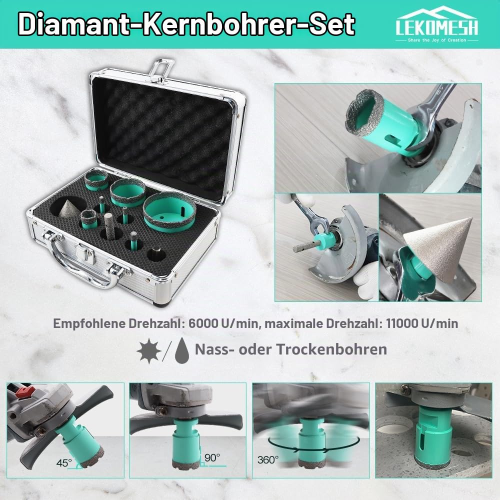Diamant-Porzellanbohrer - 10 Stück (6/6/8/20/35/50/68 mm + 10 mm Diamantfräser + 50 mm Diamant-Fräsb