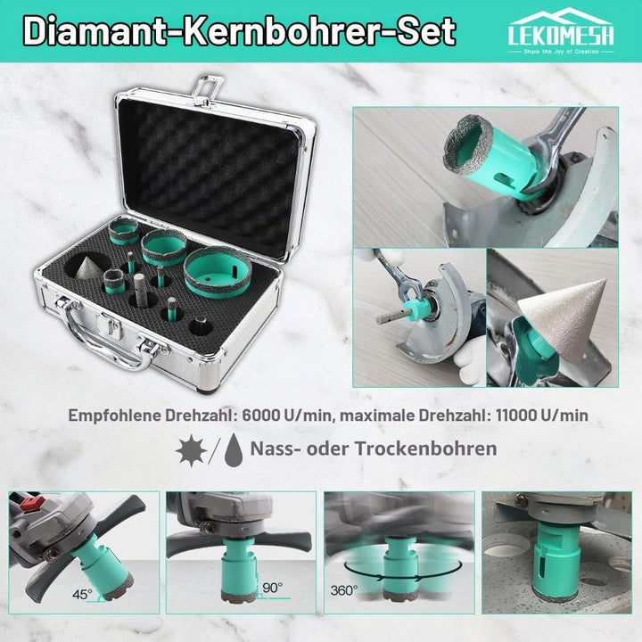 Diamant-Porzellanbohrer - 10 Stück (6/6/8/20/35/50/68 mm + 10 mm Diamantfräser + 50 mm Diamant-Fräsb
