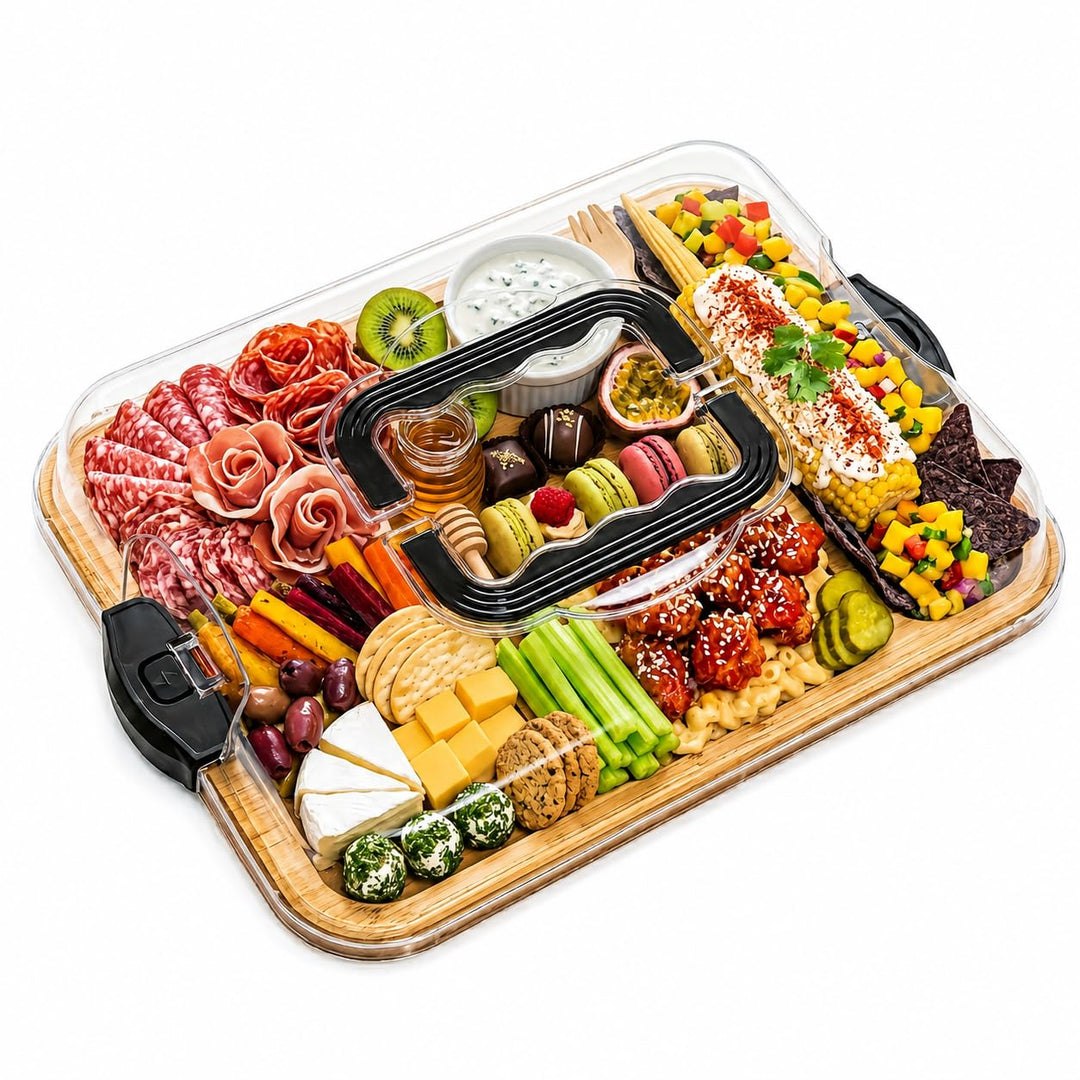Servierplatte mit Deckel aus Bambus | Charcuterie Board – Käseplatte mit 6 Fächern & Tragegriff, Hol