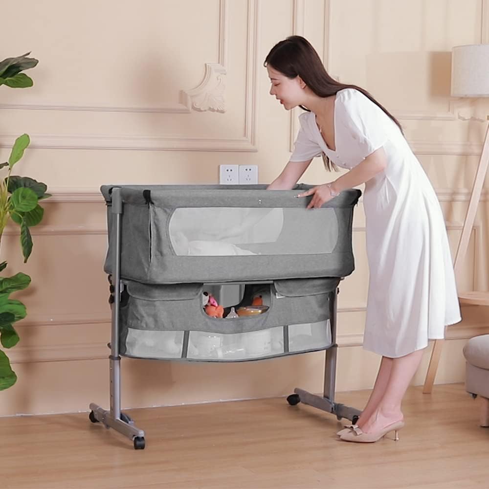 homewell 3 in 1 Babybett Beistellbett, Wiege mit Moskitonetz und Aufbewahrungskorb, Faltbares, Neigu
