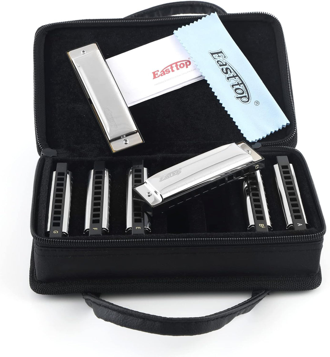 East Top 7 Tasten Mundharmonikaset verpackt, 7-Pack 10 Löcher 20 Töne Blues Diatonic Harmonica Für E