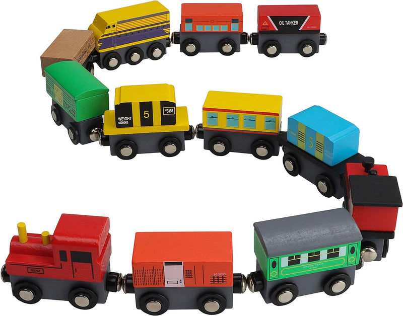 Kurtzy Zug Holzeisenbahn Set Magnetisch mit Aufbewahrungsbox (12-Teilig) – Kinderspielzeug Holzeisen