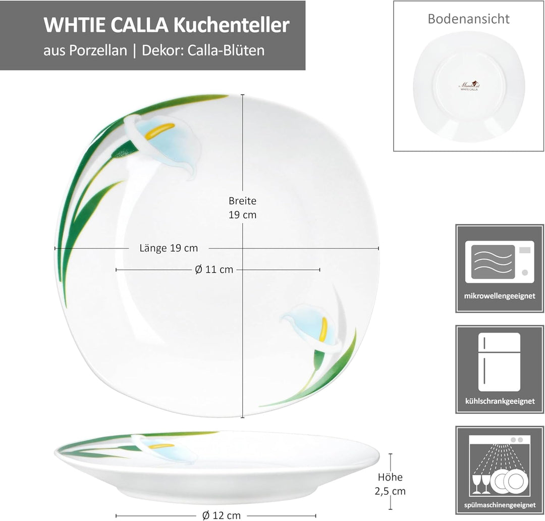 MamboCat 6er Set White Calla Kuchenteller I Florale stilvolle Porzellan-Frühstücksteller mit Blumen-