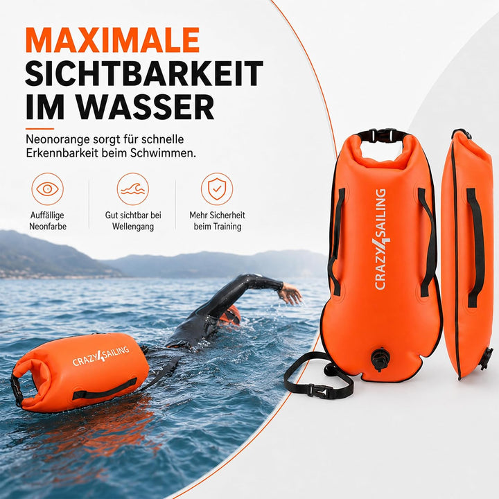 crazy4sailing Schwimmboje Dry Bag, wasserdichter Trockensack & aufblasbare Schwimmhilfe, 36 x 72 cm,