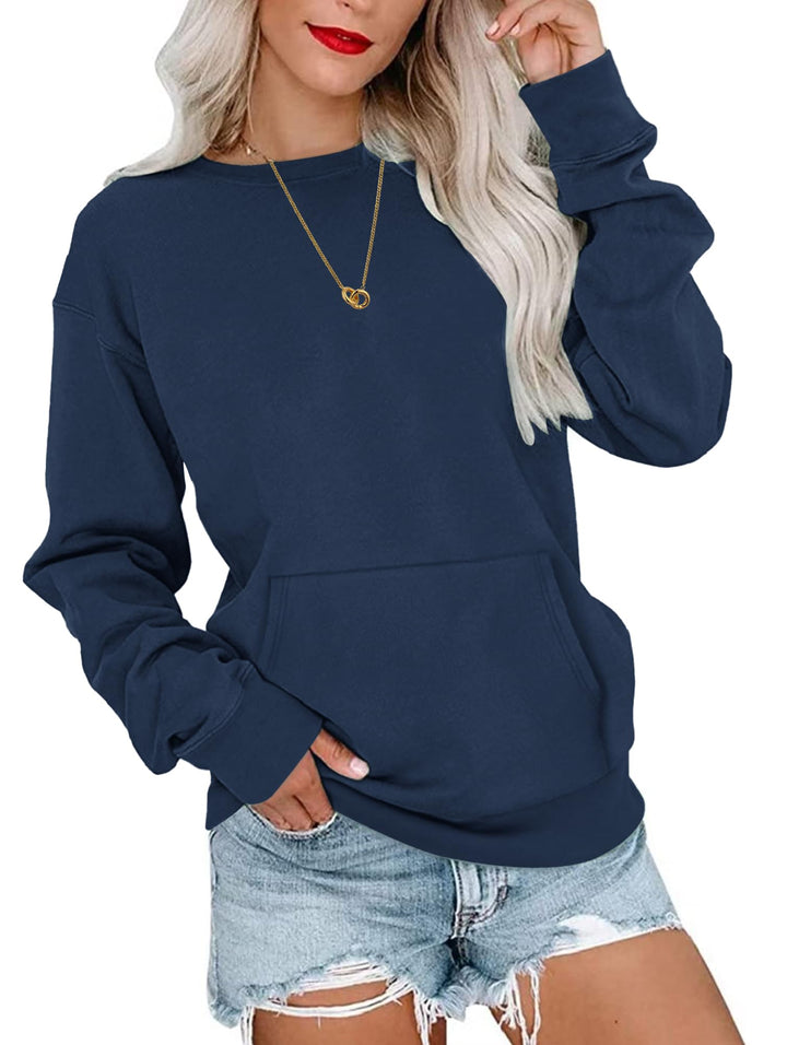 WNEEDU Damen Langarmshirts Lässige Sweatshirts mit Taschen Dunkelblau S, Dunkelblau S
