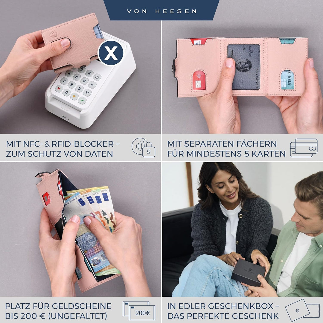 VON HEESEN Slim Wallet mit Münzfach &amp; RFID Schutz - Leder Geldbörse Herren klein - Mini Geldbeutel D