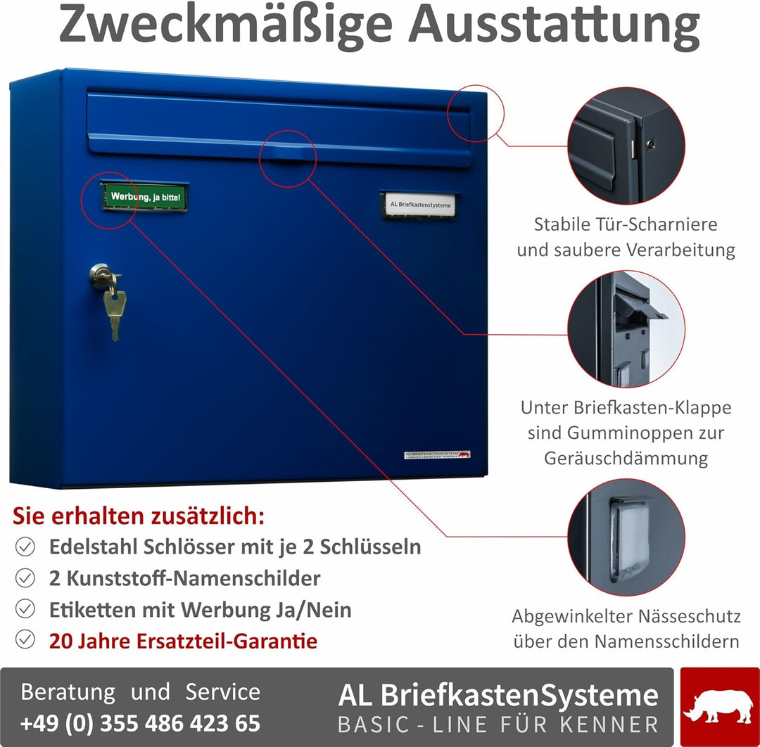 AL Briefkastensysteme Basic 2er Briefkasten RAL 5010 Enzian Blau 2 Fächer DIN A4 wetterfest Briefkas