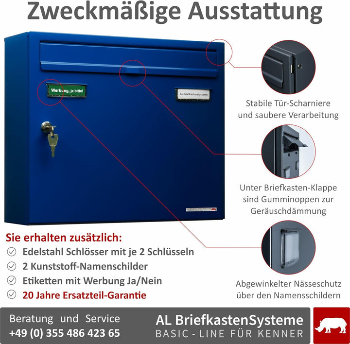 AL Briefkastensysteme Basic 2er Briefkasten RAL 5010 Enzian Blau 2 Fächer DIN A4 wetterfest Briefkas