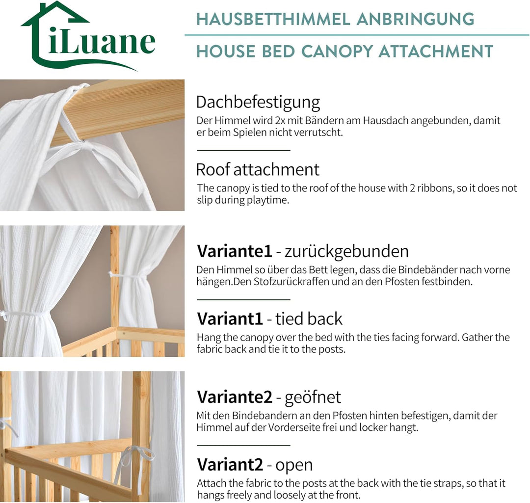 iLuane Hausbett Himmel aus 100% Baumwolle Musselin – Stoffhimmel Deko mit Schleifen – Betthimmel für