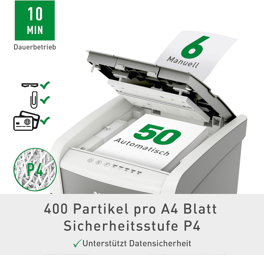 Leitz IQ Autofeed Small Office Partikelschnitt Aktenvernichter P4, Automatisch, 50 Blatt, 20 Liter A