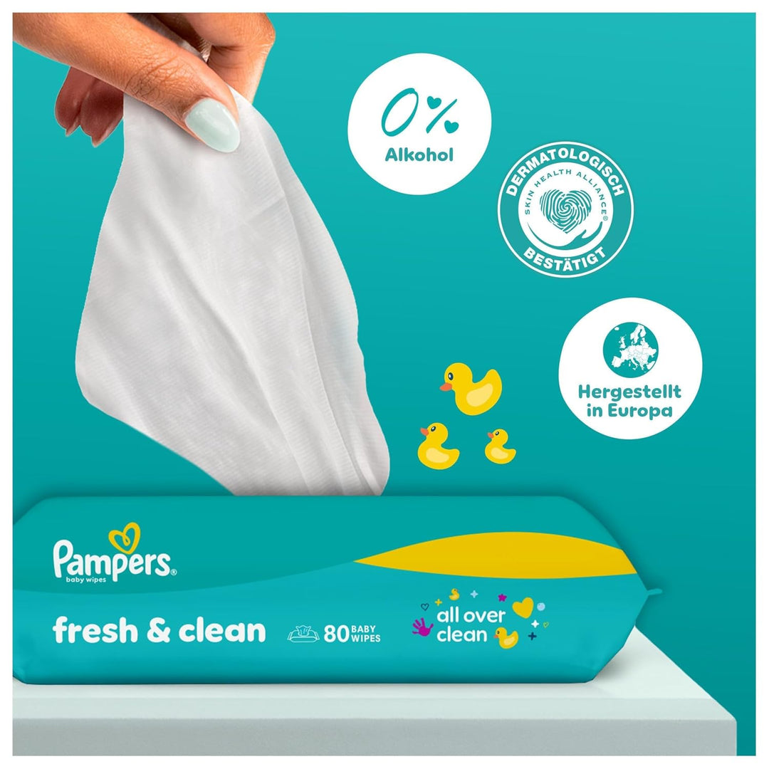 Pampers Fresh Clean Feuchttücher, 12 Packungen mit 80 Stück (960 Stück), zart duftende Reinigung auc