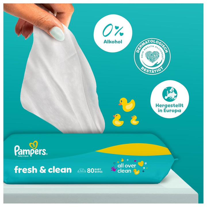 Pampers Fresh Clean Feuchttücher, 12 Packungen mit 80 Stück (960 Stück), zart duftende Reinigung auc