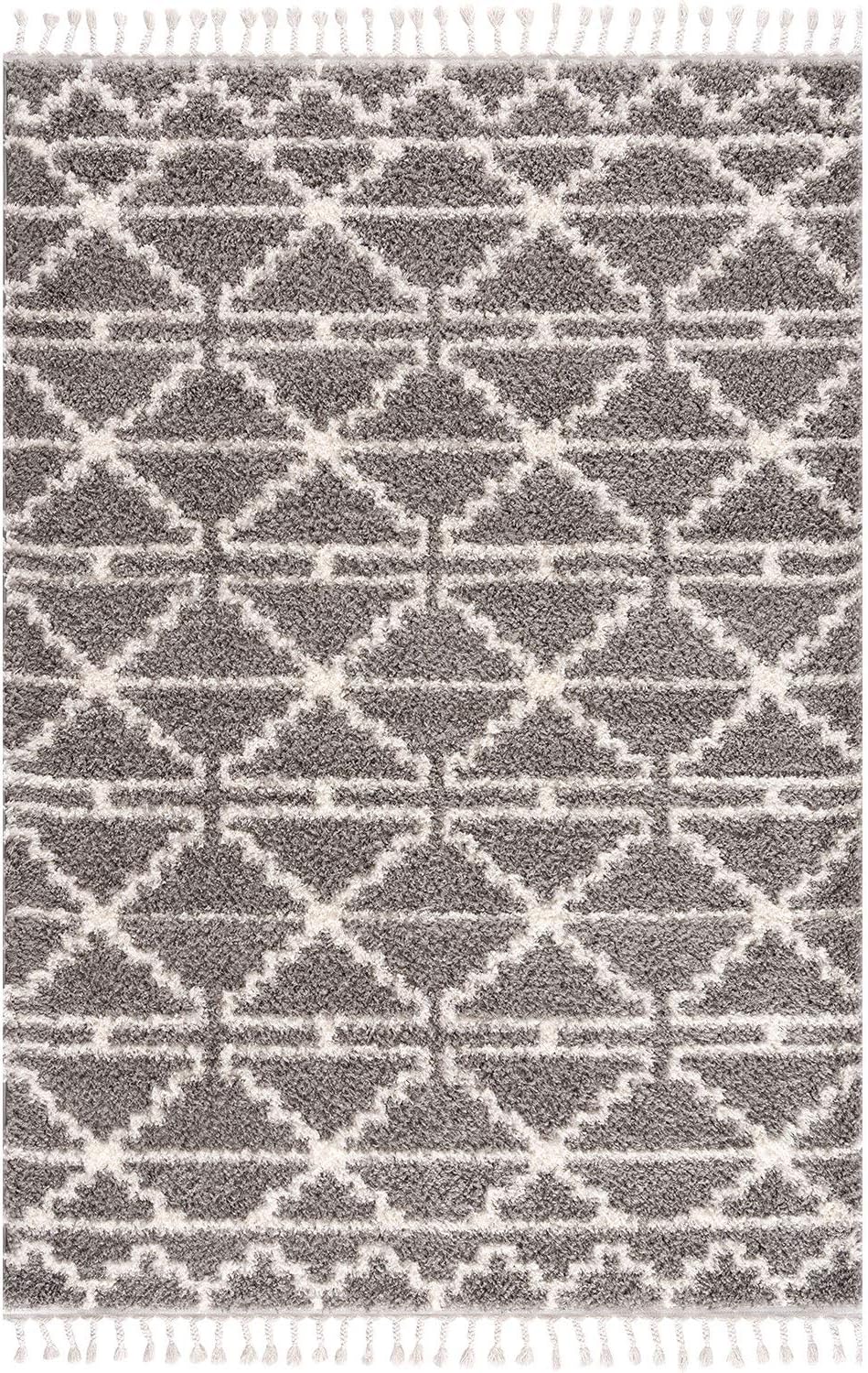 carpet city Teppich Hochflor Wohnzimmer - Ethno Skandi Stil 80x200 cm Grau Creme - Teppich-Läufer mi