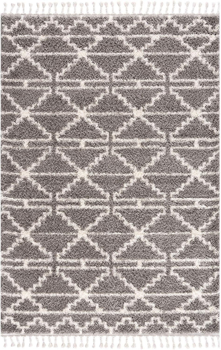 carpet city Teppich Hochflor Wohnzimmer - Ethno Skandi Stil 80x200 cm Grau Creme - Teppich-Läufer mi