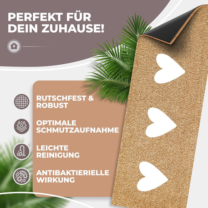 Kokos Fussmatte 75x25cm mit weissen Herzen I Extra langlebige & rutschfeste Kokosmatte I Für Innen &