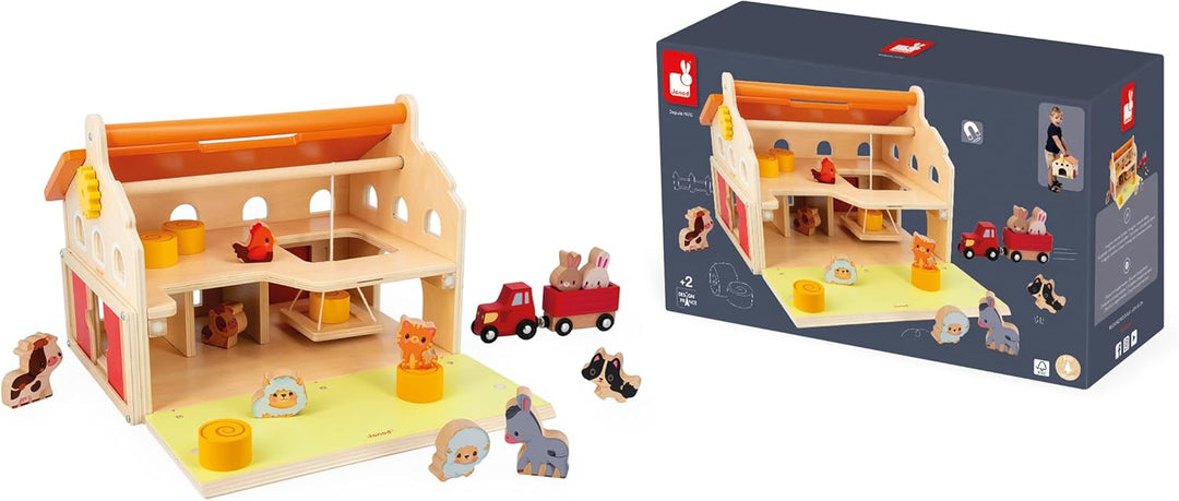 Janod - Mein erster Bauernhof aus Holz Kind - 16 Zubehörteile - Rollenspielzeug Kind - Fördert Handg