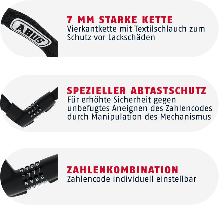 ABUS Kettenschloss Tresor 1385 – Zahlenschloss aus gehärtetem Stahl – 7 mm starke Vierkantkette – AB