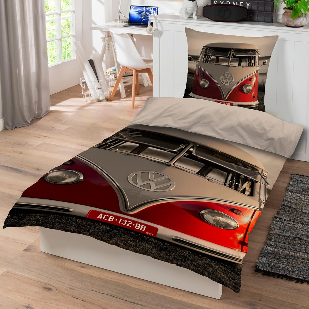 VW Volkswagen Bulli Bettwäsche T1 Rot 135 cm x 200 cm + 80 cm x 80 cm 100% Baumwolle Renforcé-Linon-