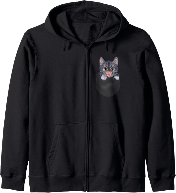 Graue Katze mit einem Schnuller in der Tasche Kapuzenjacke