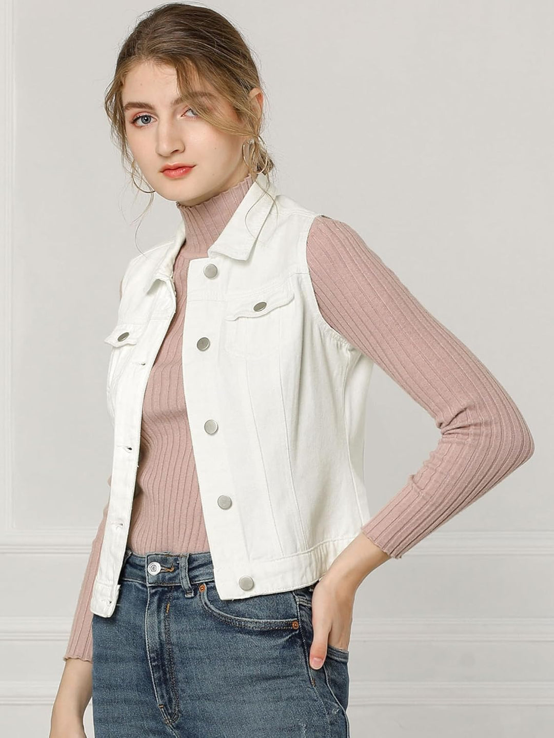 Allegra K Damen Jeansweste Ärmellos Knopfleiste Sommer Denim Revers Jacke Westen mit Taschen XS Weis