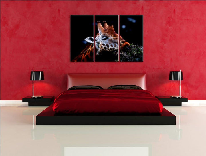 Dark schöne Giraffe beim Fressen NewArt 3-Teiler Leinwandbild 120x80 Bild auf Leinwand, XXL riesige